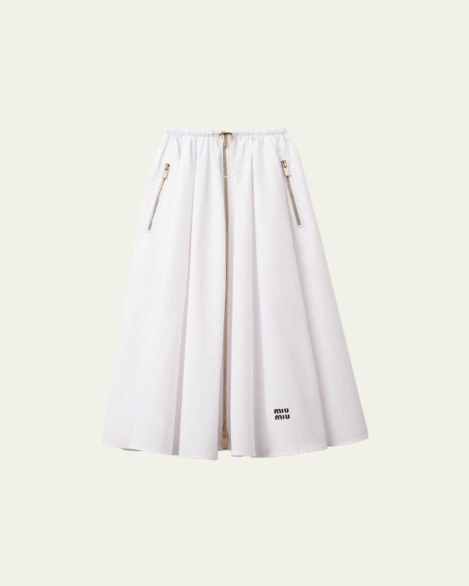 Popeline Drawstring Zip-Front Midi Skirt